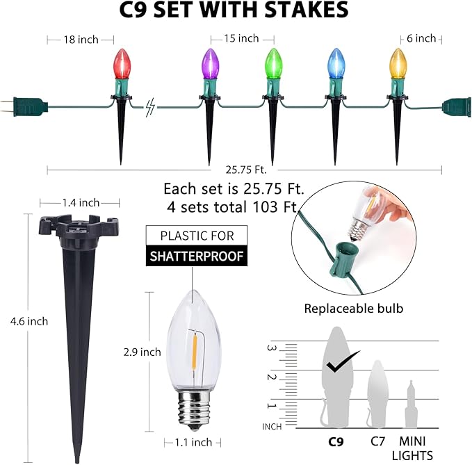 Brightown C9 Christmas Lights Outdoor, 4 Packs Total 103 Ft Christmas Pathway Lights with 80 LED Bulbs and Stakes, Connectable Outdoor Christmas Decorations Yard Walkway Sidewalk Holiday, Multicolor