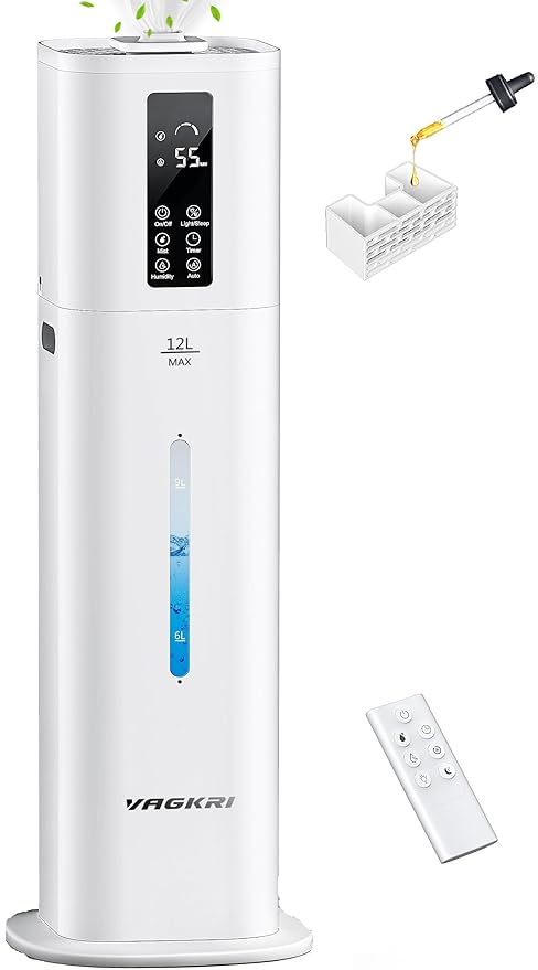 VAGKRI 12L Large Room Humidifier, 120H Long Lasting Cool Mist, 3 Mist Levels, Auto Humidity Adjustment, Top Fill Design with Essential Oil Tray for Bedroom, Home, Plants, Baby