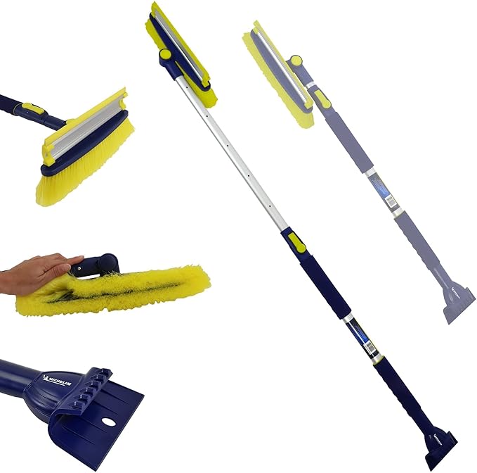 Michelin Snow Brush for Car Windshield (Pack of 2) - Snow and Ice Scraper with 43–63" Extendable Handle, 13" Swivel Head with Squeegee, 5" Heavy Duty Ice Scraper for SUV, Truck, Van, Auto Cleaning