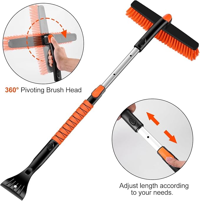 34'' to 41'' Extendable Snow Brush, Ice Scraper for Car Windshield, Emergency Snow Shovel Snow Broom with Foam Grip 180° Pivoting Brush Head, Telescoping Snow Scraper for Car SUV Truck