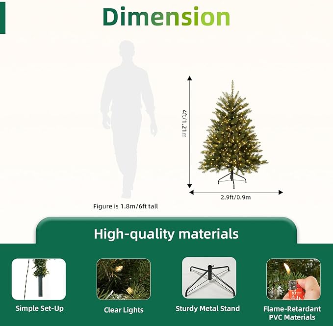 4FT Pre-Lit Artificial Christmas Tree,Small Artificial Holiday Dunhill Fir Xmas Tree with 200 White Lights, 559 PVC Branch Tips & Foldable Metal Stand for School,Home and Party Décor
