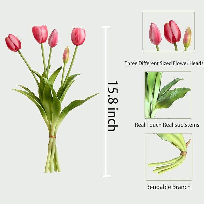 15 Pcs Red Tulips Artificial Flowers Faux Tulips Real Touch Latex Fake Flower Bouquet for Spring Wedding Home Décor Centerpiece Arrangements