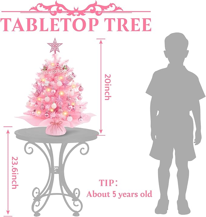 XmasExp 20in Mini Christmas Tree with Lights Pink Small Christmas Tree Artificial Tabletop Xmas Decor Holiday Decoration for Home, Office, Party