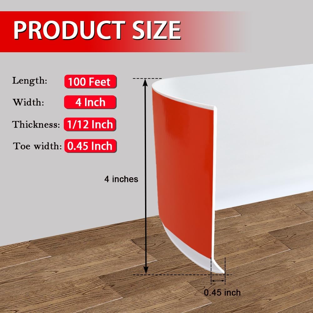 FONUNO Vinyl Wall Base Baseboard Molding Trim 4" Flexible Self Adhesive Rubber Wall Base Moulding Trim Peel and Stick Design, 4 Inch x 100 Feet, White