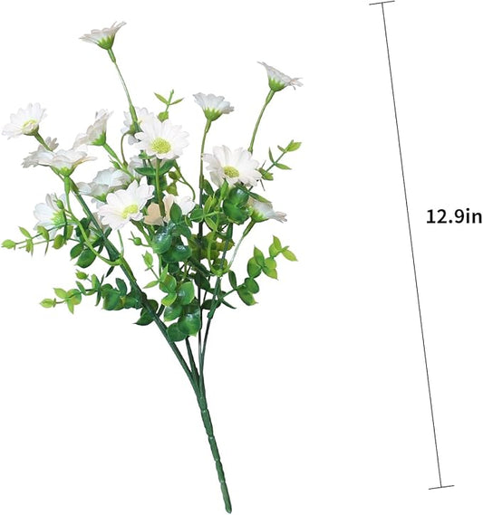 Fake Flowers Outdoor 8 Bundles Silk Artificial Daisy White Cemetery Flowers Outside Fade Resistant Plants Look Real for Wedding Garden Porch Patio Planter Decorations (8 Bundles White)