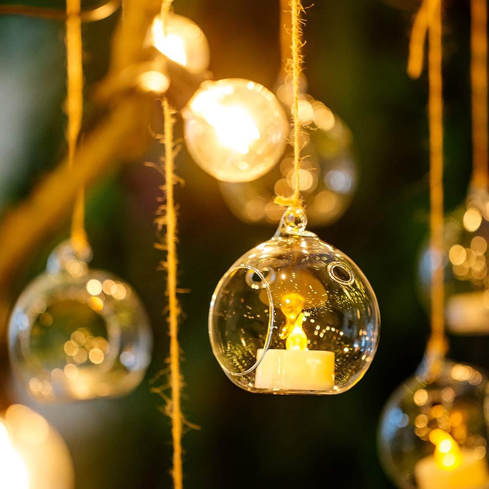 Nuptio 8 Pcs 3.15"/ 8cm Hanging Glass Tealight Holder Globe Plant Terrariums Glass Orbs Air Plants Tea Light Candle Holders Home Decor Indoor Outdoor Garden (with 2 Holes, 6 Pcs + 2 Pcs)