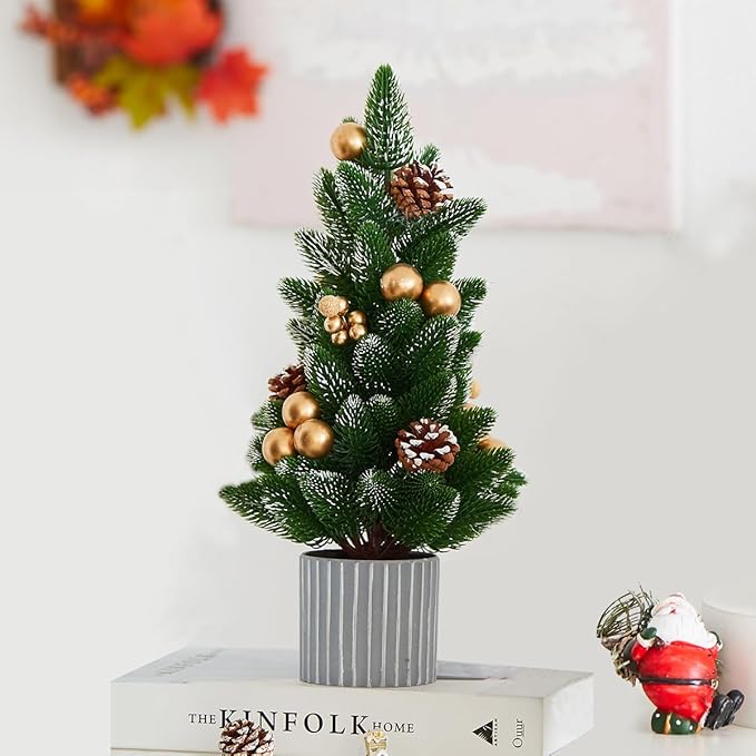 Classic Small Christmas Tree Table Decor - Mini Tabletop Artificial Tree Indoor Christmas Holiday Centerpiece for Desktop Home Office Bedroom Decor Gift(Gold Pine)