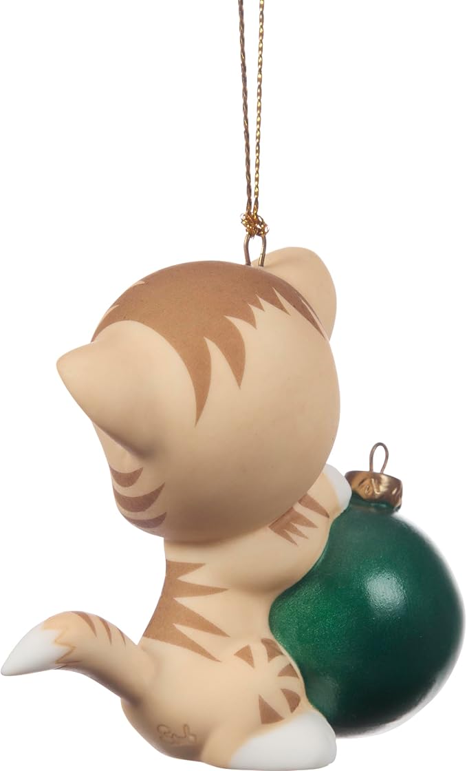 Precious Moments Purr-fectly Festive 2025 Dated Cat Bisque Porcelain Ornament – Festive Tabby with Christmas Ball – 251007