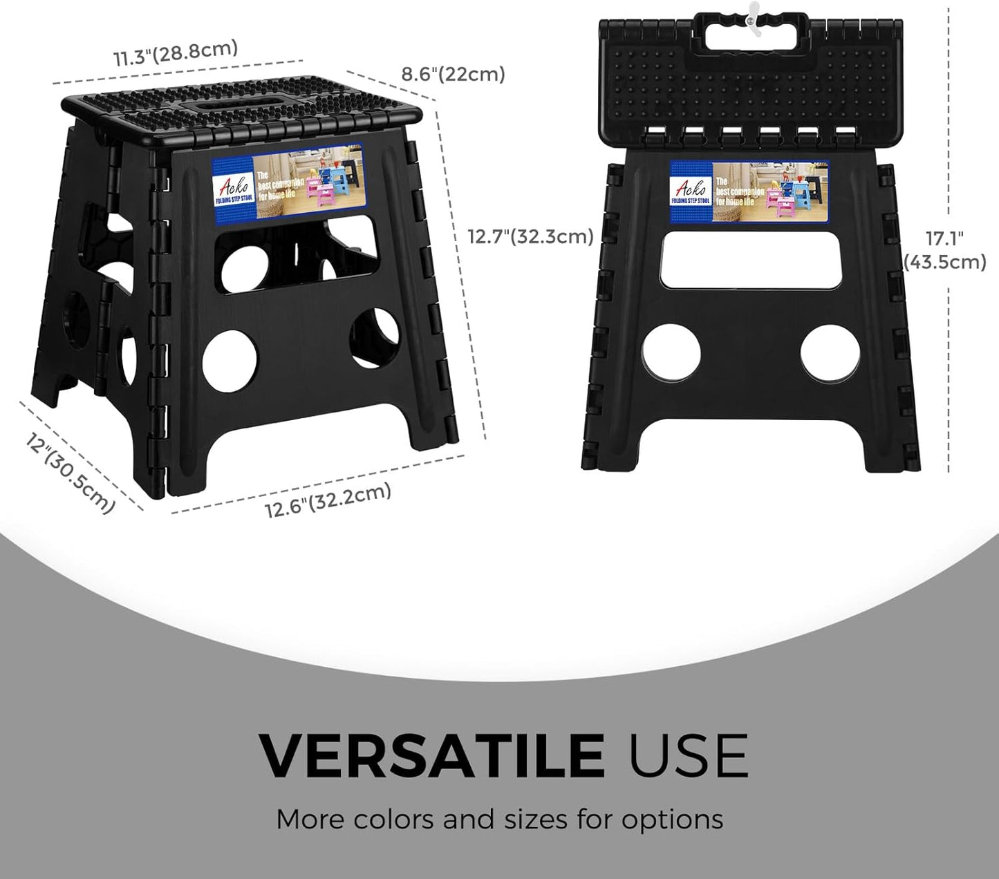 ACKO Folding Step Stool 13 inch Height Premium Heavy Duty Foldable Step Stools for Adults and Kids, Kitchen Plastic Small Collapsible Stepping Stool Hold Up to 300 LB Dot Black (1 Pack)