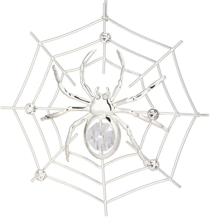 Matashi Silver Plated Christmas Tree Spider Ornament w Clear Crystals Lucky Hanging Decoration, Holiday Ornament Gift, Unique Spider Decor for Christmas & Halloween Party w Tinsel Legend Story