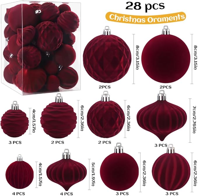 28PCS Velvet Christmas Balls Ornaments, Flocked Shatterproof Burgundy Xmas Tree Hanging Decoration Plastic Ball Set Bulk Ornament for Winter Trees Holiday Party Home Wreath Decor