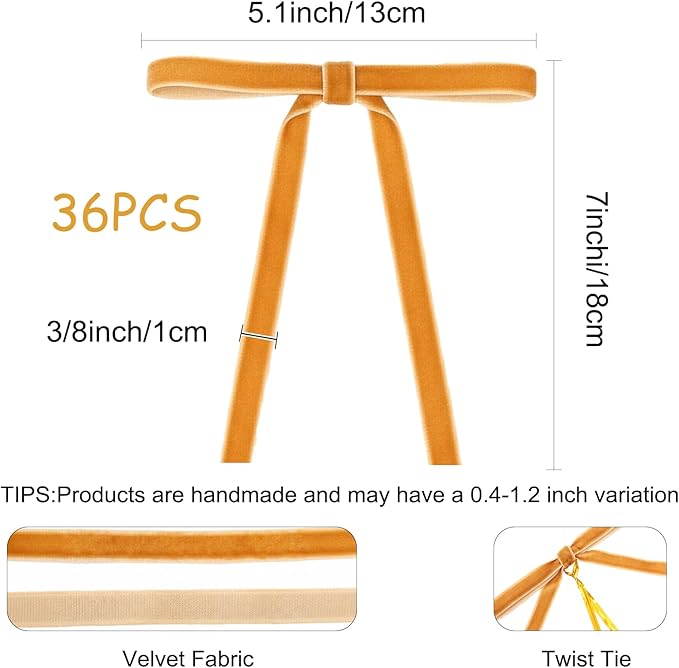 36 Pcs Velvet Christmas Tree Bows Decor, Vintage Wreath Bow for Christmas Garland, Gift Wrapping, Xmas Tree, 3/8'' Wide, 5 * 7 inch (Khaki)