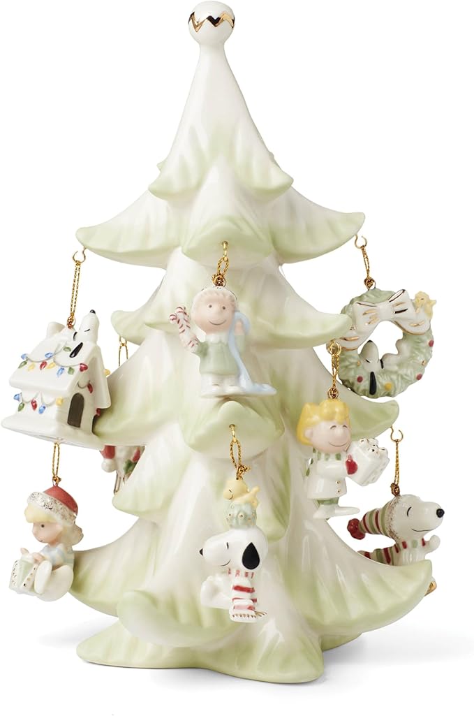 Lenox 6361265 Snoopy & Friends 11-Piece Christmas Tree Ornament Set, Display Stand