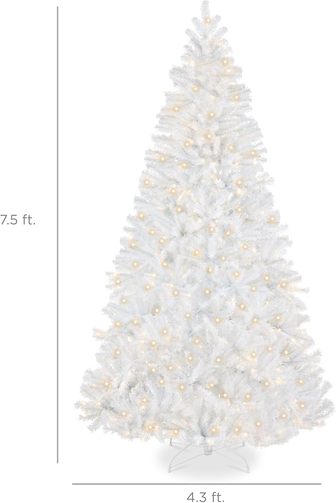 Best Choice Products Artificial Christmas Tree, 7.5ft Premium Pre-Lit Realistic Spruce Holiday Décor w/Dense Branches, Metal Base - White Spruce