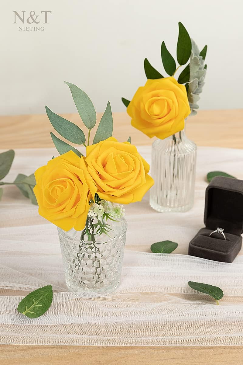 N&T NIETING Artificial Flowers, 25Pcs Fake Flowers Fall Roses Perfect for DIY Wedding Bouquets Centerpieces Bridal Shower Party Home Flower Arrangement Decorations, Gold