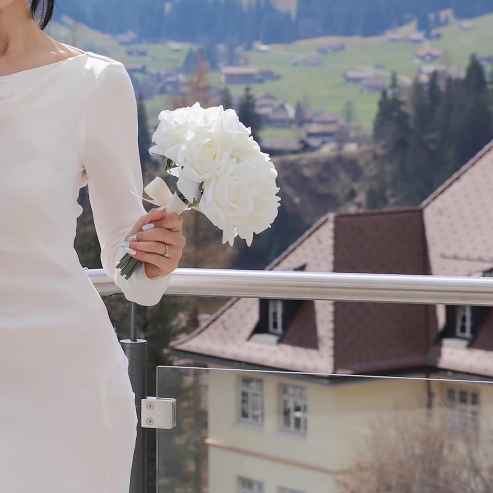 Artificial Roses Single Stem 10pcs Fake Silk Flower Arrangement Bouquet Real Touch for Home Party Wedding Decoration(White)