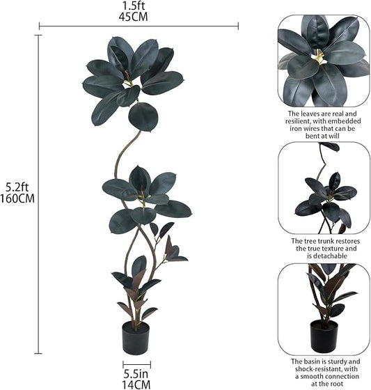 5.3ft Tall Artificial Rubber Tree Faux Plants Indoor Faux Floor Artificial Trees Indoor(Black,5.3ft)