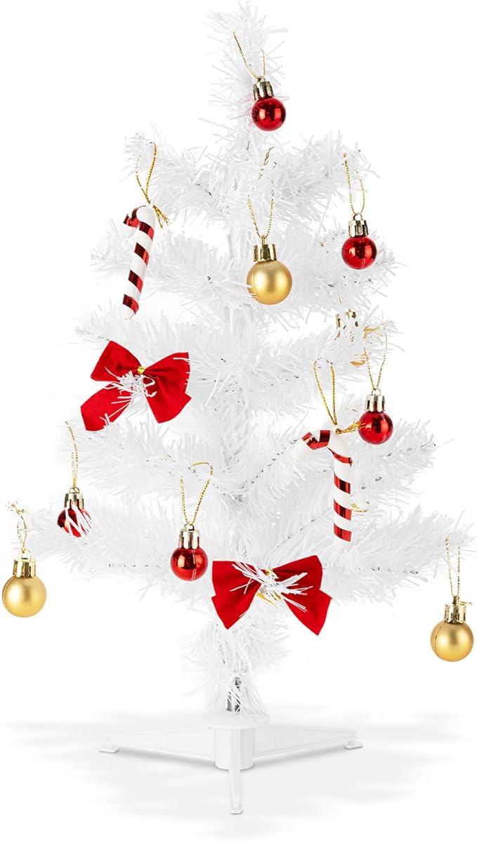 1.5FT Tabletop Christmas Tree, Artificial Mini Christmas Pine Tree with Realistic Branches & Plastic Stand, Small Xmas Tree for Home Office Party Desktop Festival Indoor Decoration, White