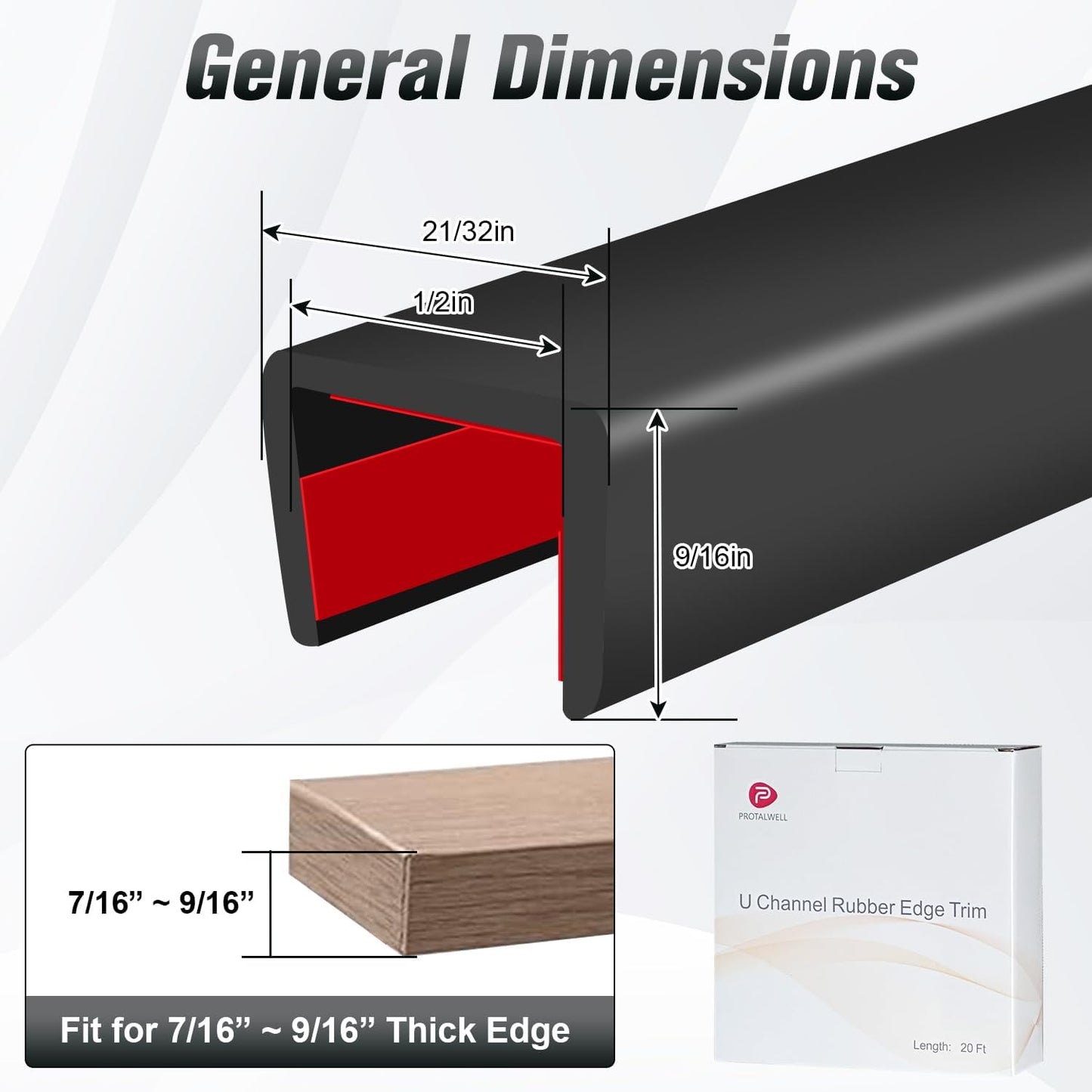 Rubber Edge Trim, Self Adhesive U Channel Edge Trim, Big Size U Shaped Trim, Edge Banding for Plywood, Woods, Shelf, Cabinet, Countertop, Fit for 1/2", Length 20Ft, Black