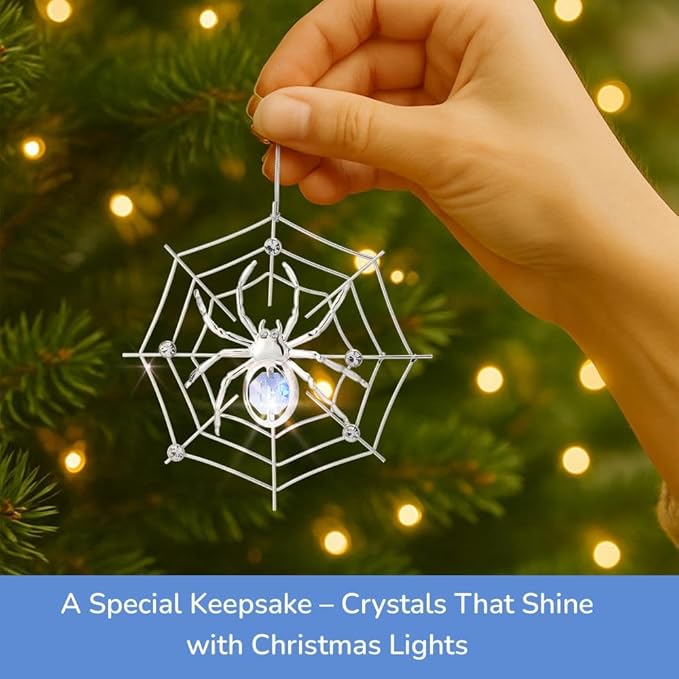 Matashi Silver Plated Christmas Tree Spider Ornament w Blue, Clear Crystals Lucky Hanging Decoration, Holiday Ornament Gift, Unique Spider Decor for Christmas & Halloween Party w Tinsel Legend Story