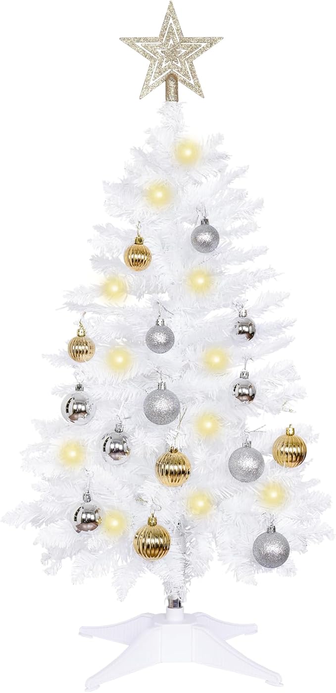 Sunshine White Christmas Tree with Light 3ft Artifical Full Christmas Tree with Ball & Star Ornaments 8 Lighting Modes for Holiday Decor