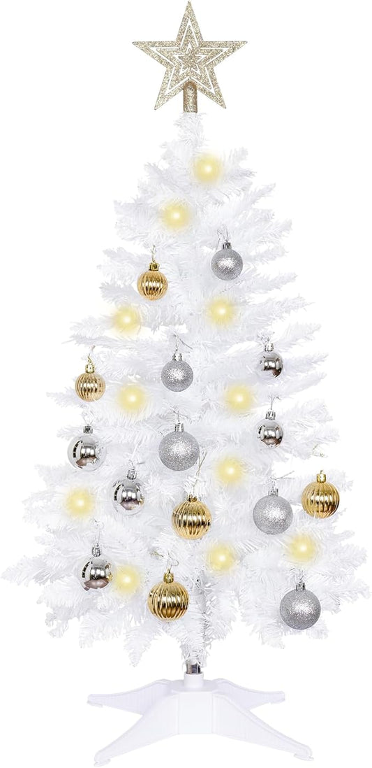 Sunshine White Christmas Tree with Light 3ft Artifical Full Christmas Tree with Ball & Star Ornaments 8 Lighting Modes for Holiday Decor