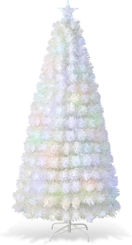 HAPPYGRILL 7FT Pre-lit Fiber Optic Christmas Tree, White Snow-Flocked Artificial Xmas Tree with 270 Branch Tips, 270 Multi-Color LED Lights, Top Star, Fake Holiday Tree for Party Office Home