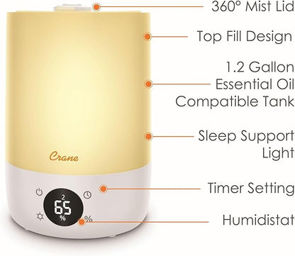Crane Ultra-Quiet 3-in-1 Humidifier, Essential Oil Aroma Diffuser & Soothing Sleep Light - Compact 1.2 Gallon Capacity with Adjustable Night Light & Fragrance Tray - Ideal for Bedroom and Office
