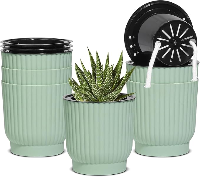 T4U 4 Inch Plant Pots Self Watering, 6 Pack African Violet Pots, Small Plant Pots for Plants, Small Indoor Plant Pot, Self Watering Planter for African Violet, Succulents (6 Pack 4" Pots, Green)