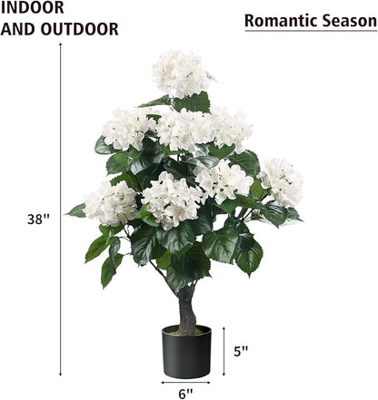 Romantic Season 38" Artificial Hydrangea Tree in Pot, Faux Potted Silk Hydrangea Plant for Indoor Outdoor Decoration, Lifelike Artificial Flower Tree for Home, Office, Patio, Garden Decor, White