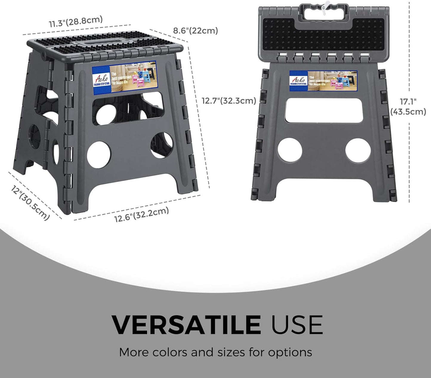 ACKO Folding Step Stool 13 inch Height Premium Heavy Duty Foldable Step Stools for Adults and Kids, Kitchen Plastic Small Collapsible Stepping Stool Hold Up to 300 LB Dot Grey (1 Pack)