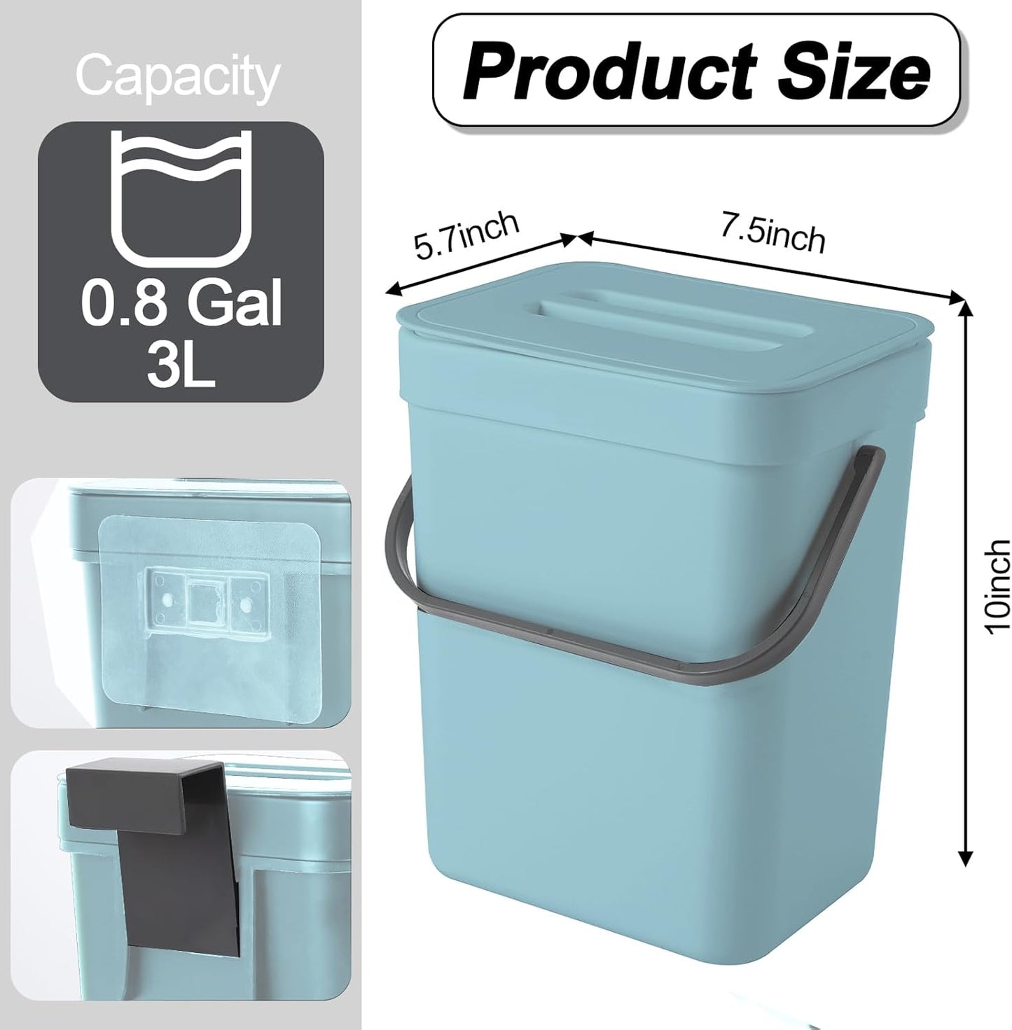 Compost Bin Kitchen, for use on Countertops or Under Sinks, Hanging Trash Can with Lid, for Cupboard/Bathroom/Bedroom/Office/Camping, Mountable Indoor Compost Bucket(Blue 1.3 Gallon/5L)