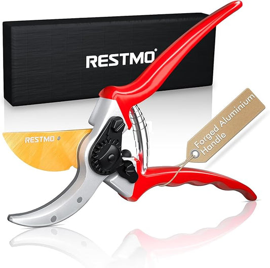 RESTMO 8.6" Professional Pruning Shears, Premium Titanium SKS5 Steel Blade, Forged Aluminum Handles for Durability & Long-Lasting Sharpness, Bypass Pruners for Gardening, Clippers & Scissor Tool