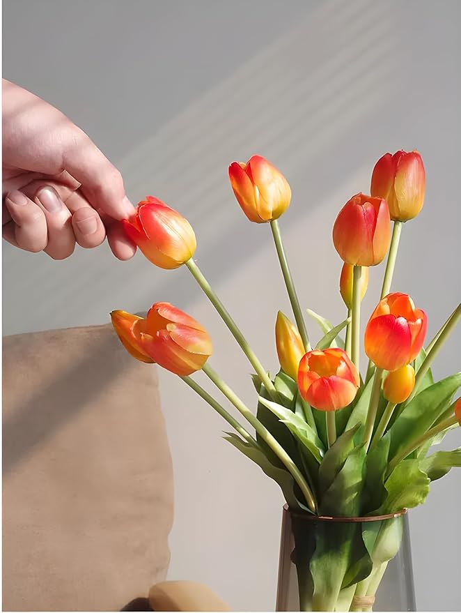 15 Pcs Orange Tulips Artificial Flowers Faux Tulips Real Touch Latex Fake Flower Bouquet for Spring Wedding Home Décor Centerpiece Arrangements