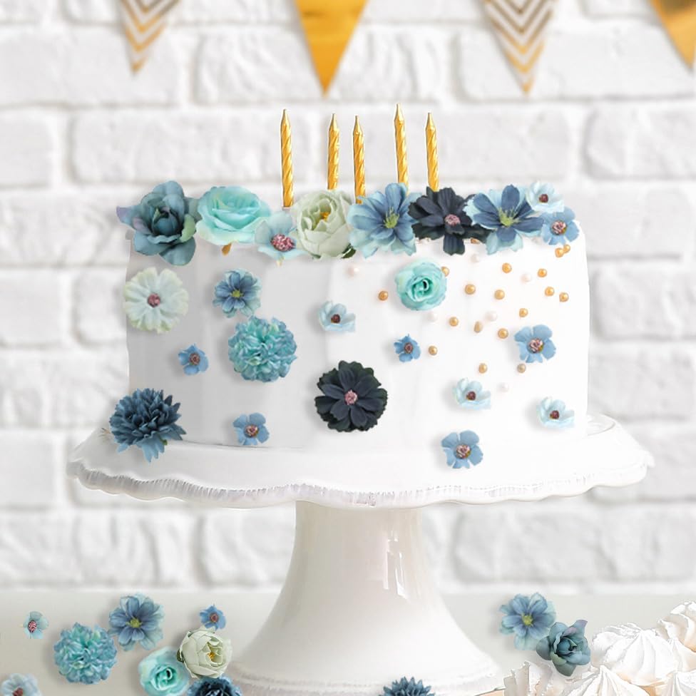 Faux Flower Heads Small Silk Artificial Flower DIY Fake Mini Flowers Rose Daisy Multicolor Flowers Craft Supplies for Wedding Party Wreath Graduation Season Party Home Decor (125, Blue)