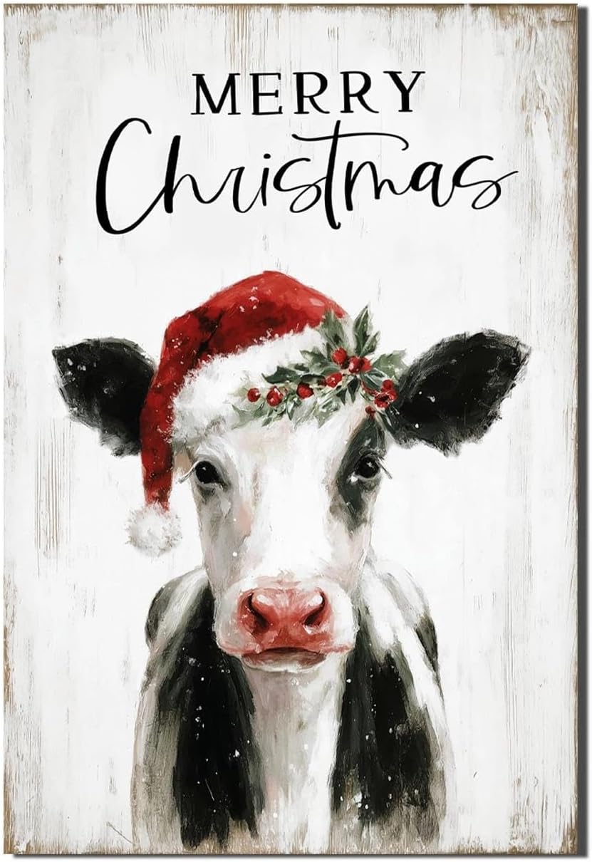 Christmas Cow Canvas Wall Art – Framed Farmhouse Decor for Xmas, Ready to Hang Print Holiday Gifts for Bedroom & Living Room Indoor 24x35 Inch
