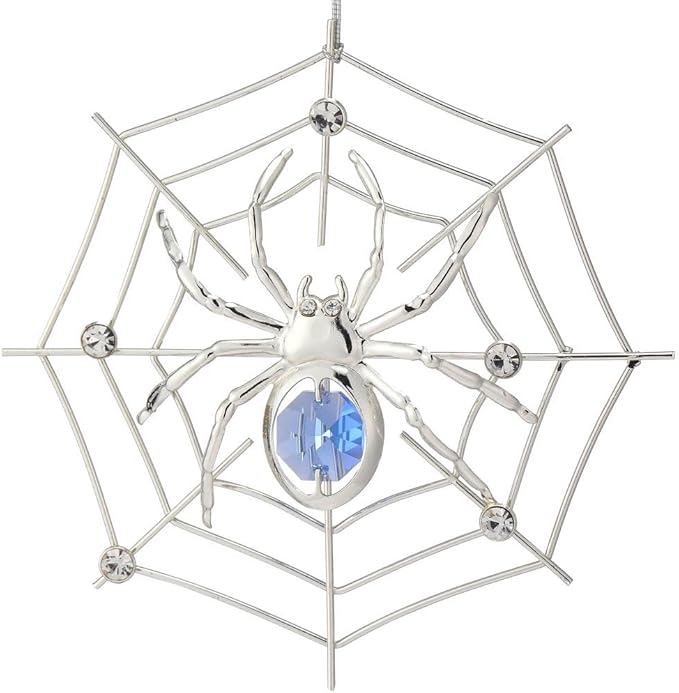 Matashi Silver Plated Christmas Tree Spider Ornament w Blue, Clear Crystals Lucky Hanging Decoration, Holiday Ornament Gift, Unique Spider Decor for Christmas & Halloween Party w Tinsel Legend Story