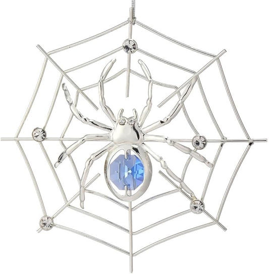 Matashi Silver Plated Christmas Tree Spider Ornament w Blue, Clear Crystals Lucky Hanging Decoration, Holiday Ornament Gift, Unique Spider Decor for Christmas & Halloween Party w Tinsel Legend Story