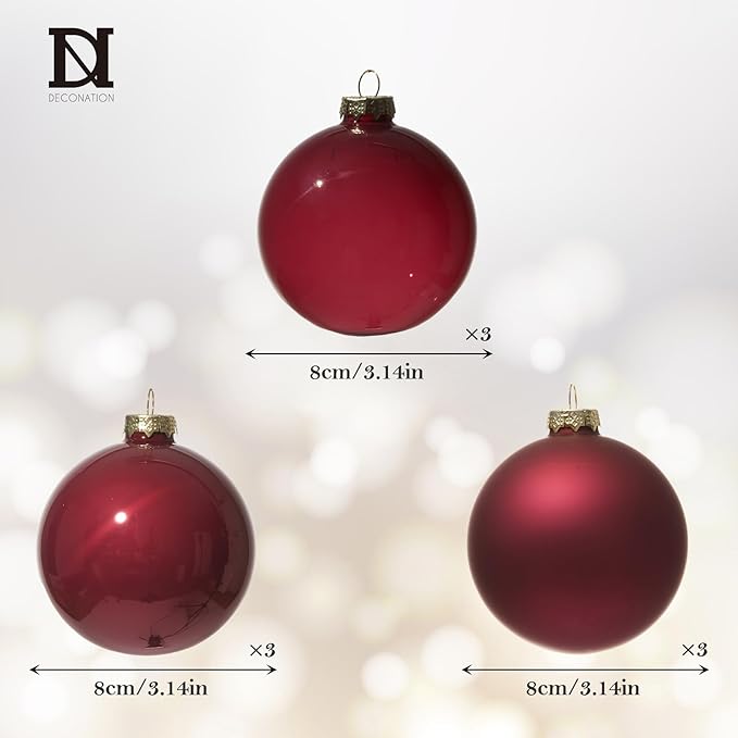 DN DECONATION Christmas Tree Decorations Ball, Rose Red Glass Christmas Ball Ornaments Set of 9, 3.14” Xmas Tree Decorative Hanging Ornaments for Home Wedding Holiday Party Decor Winter Gifts