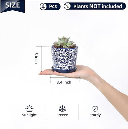 Selamica Ceramic Succulent Pots, 3.4 Inch Small Pots for Plants with Drainage Holes and Saucers, Succulent Planters for Indoor Plants, Cactus, Home Decor, Set of 4, Vintage Blue