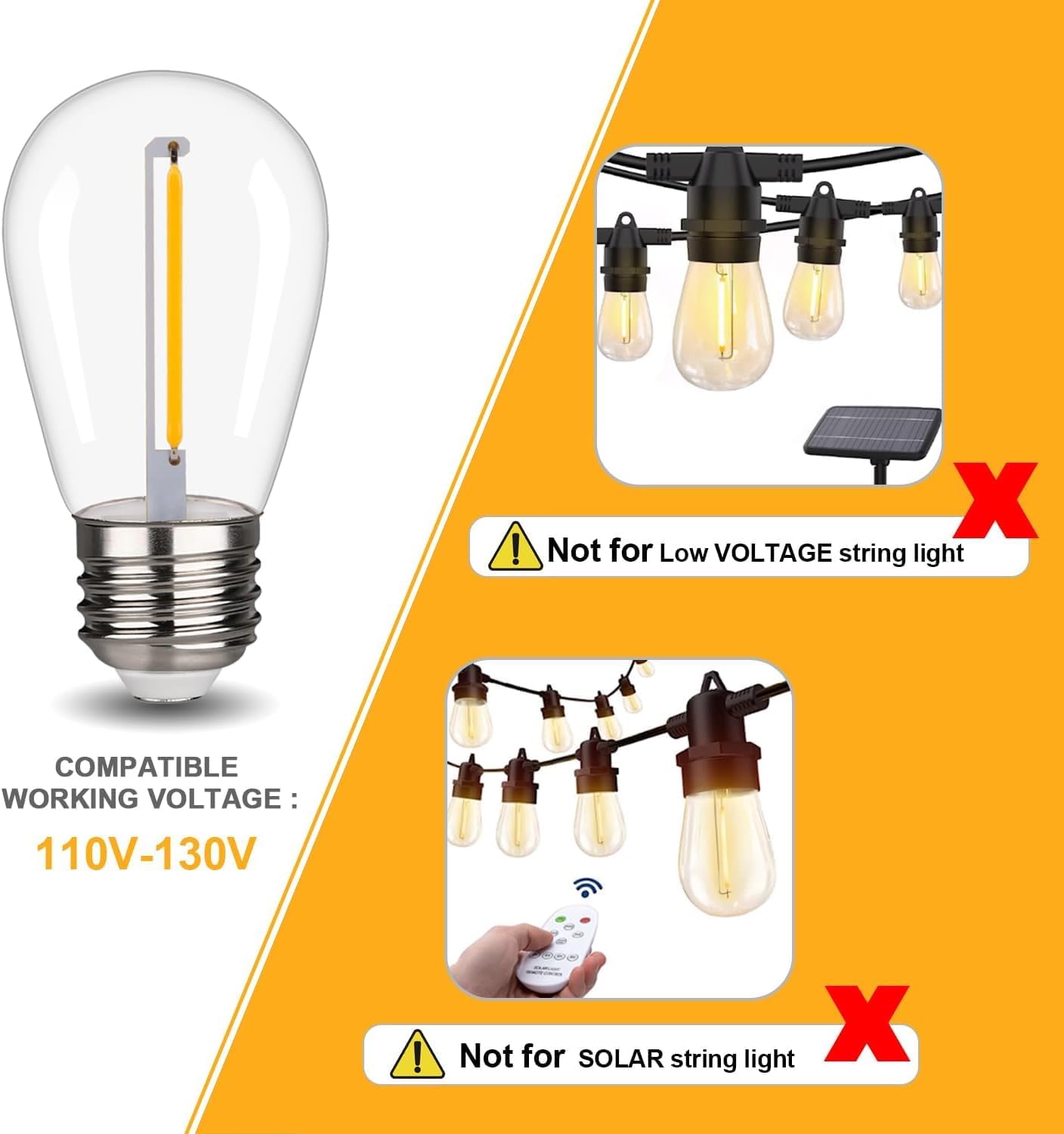 48 Pack S14 LED String Light Bulbs, 1W Shatterproof & Waterproof Outdoor Indoor Replacement Bulbs, E26 Base Edison LED Light Bulbs Warm White 2200K. (S14 48Pack)