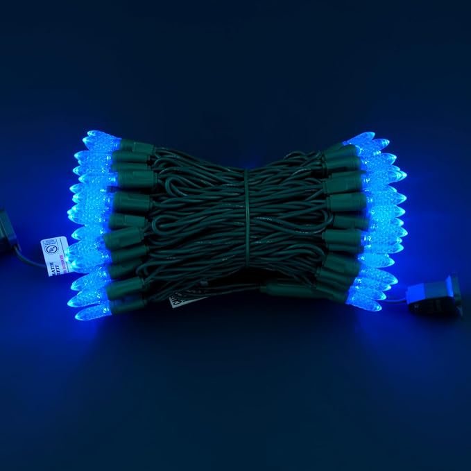 100 Blue Faceted One-Piece LED Christmas Lights, 33 ft Green Cord High Waterproof UL Certified M6 Outdoor String Lights (Blue)