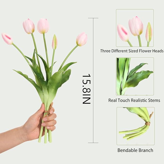 15 Pcs Light Pink Tulips Artificial Flowers Faux Tulips Real Touch Latex Fake Flower Bouquet for Spring Wedding Home Décor Centerpiece Arrangements
