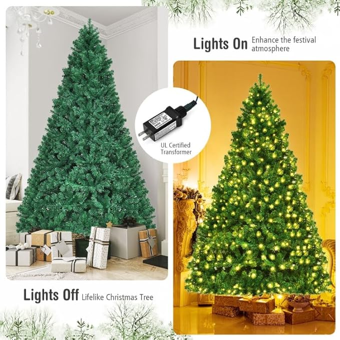 COSTWAY 8 FT Prelit Christmas Tree, Artificial Christmas Tree with 1438PVC Branch Tips, 430 LED Lights, Folding Metal Stand, Easy Assembly, Full Hinged Fir Xmas Tree for Home Office Party Decoration