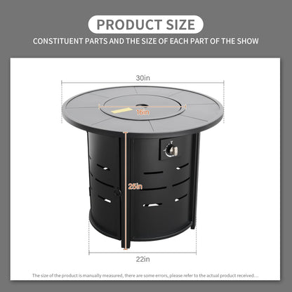30 Inch Fire Tables Round Tabletop 50000 BTU Outdoor Fire Pits for Outside Steel Gas Fire Table with Fire Pit Lid Waterproof Cover, Black