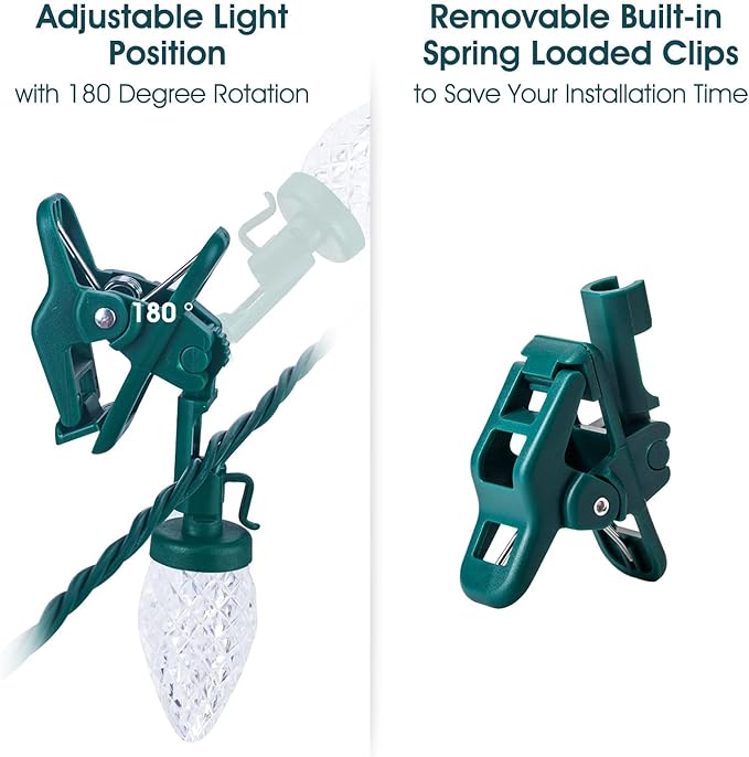 C9 LED Christmas Lights Outdoor, 68 Feet 100 LED Strawberry String Lights with 100 Spring Clamps, Waterproof Commercial Grade Extendable for Outside Roofline Patio Home Xmas Decoration, Pure White