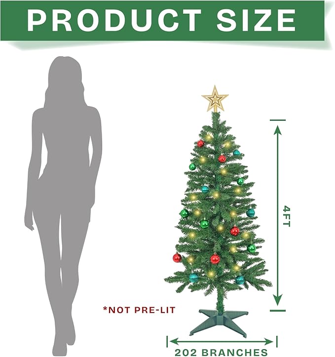 Sunshine Christmas Tree with Light 4ft Artifical Full Christmas Tree with Ball & Star Ornaments 8 Lighting Modes for Holiday Decor (Emerald Green 4ft)