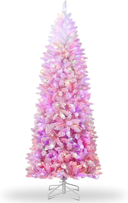 GarveeHome 7.5ft Pink Christmas Tree, Prelit Artificial Christmas Tree with Foldable Base, Snow Flocked Pencil Christmas Tree for Holiday Decoration