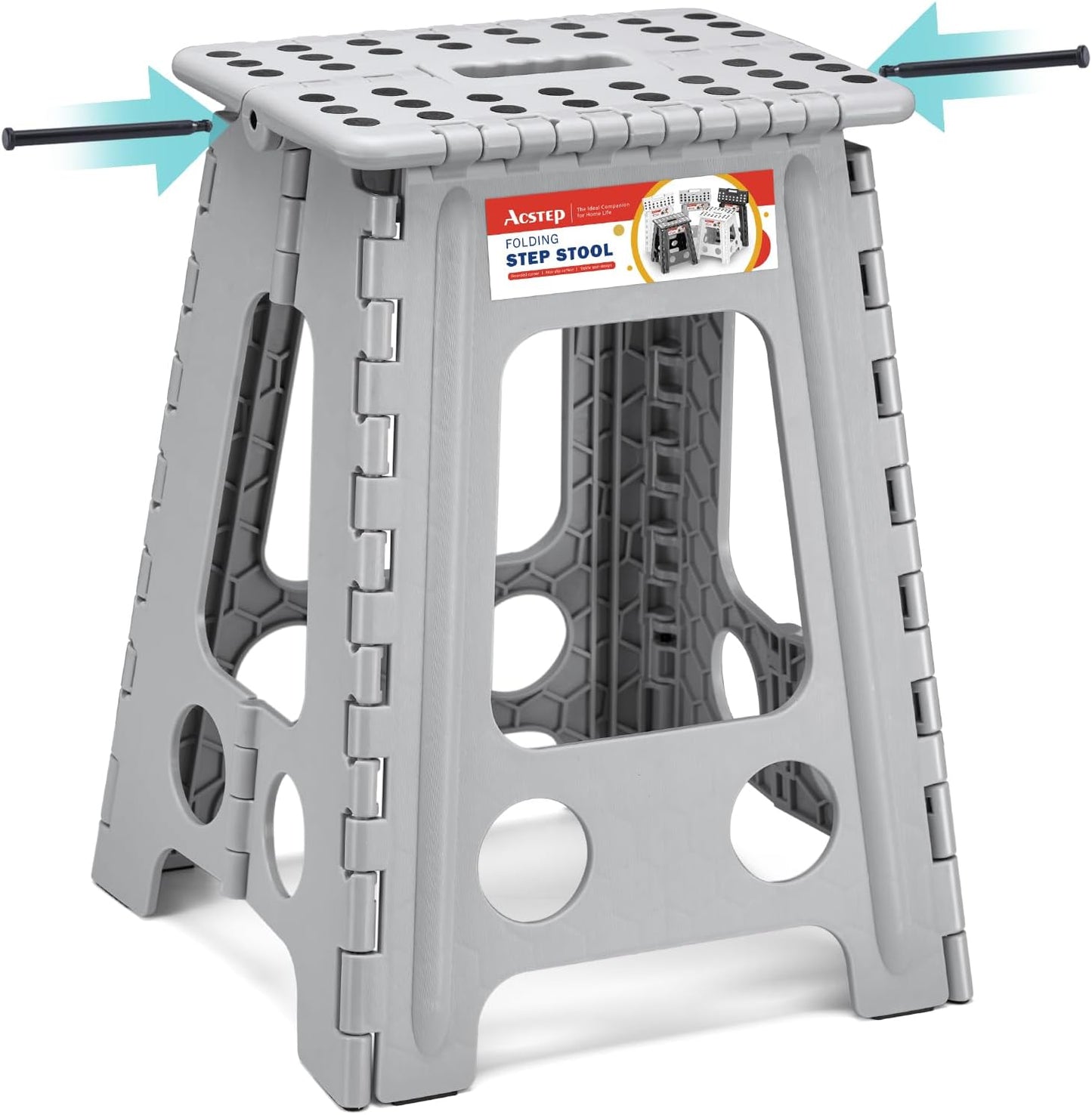 ACSTEP Folding Step Stool 17.5 Inch Heavy Duty Step Stool Foldable for Adults and Kids, Collapsible Stepping Stool with Handle, Non Slip Folding Stools for Kitchen Hold Up to 400lbs (Grey 1PC)