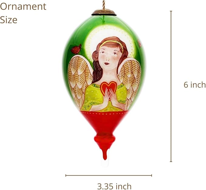 Angel of Peace Hand-Painted Glass Ornament – Green & Red Teardrop with Angel Holding Heart and “Peace and Joy Be with You” Message – Inspirational Christmas Keepsake